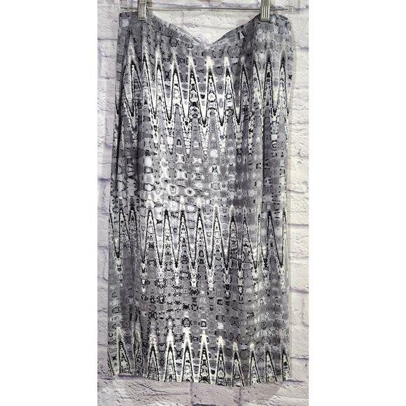 Matty M Gray White Pattern Pencil Mid Skirt Large Lightweight Lined Soft Stretch - Picture 1 of 4